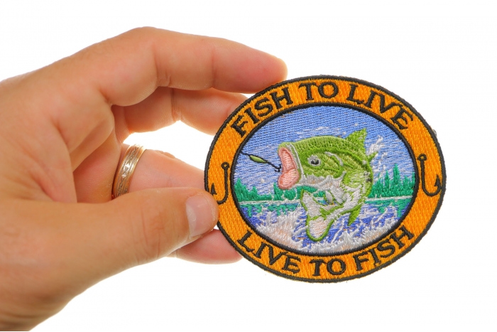 Live to Fish Patch, Small Embroidered Iron on Patches shown on hand for size comparison