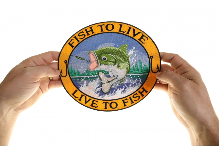 Fish to Live, Live to Fish, Bass on Hook Patch, Large Back Patches for Vests shown on hand for size comparison