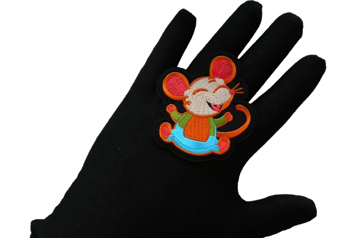 Happy Rat Iron on Patch shown on hand for size comparison