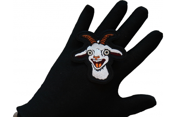 Hello Goat Iron on Patch shown on hand for size comparison