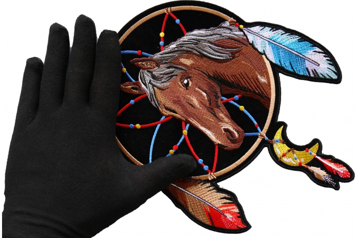 Horse in Dreamcatcher Patch, Large Ladies Back Patches for Jackets shown on hand for size comparison