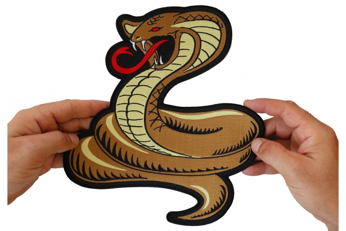 Cobra Snake Patch, Large Animal Patches for Jackets shown on hand for size comparison