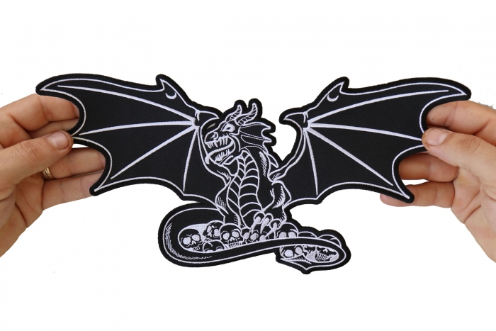 Dragon and Skulls Patch, Large Animal Patches for Jackets shown on hand for size comparison