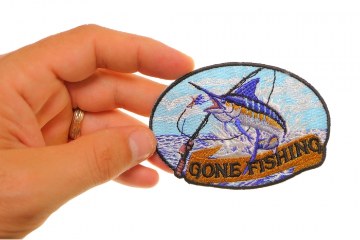 Marlin Gone Fishing Small Patch shown on hand for size comparison