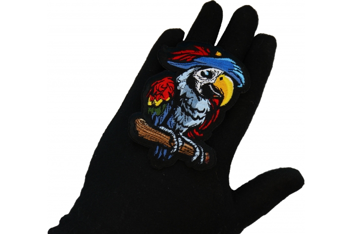 Pirate Parrot Patch shown on hand for size comparison