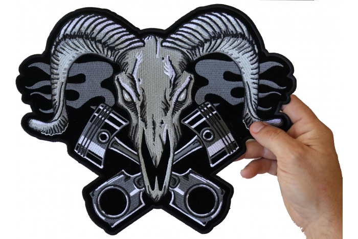 Ram Skull and Pistons Patch, Large Animal Patches for Jackets shown on hand for size comparison