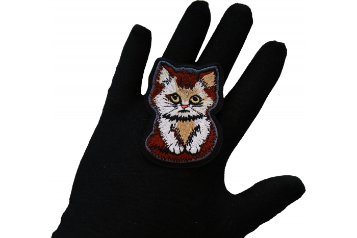 Sad Kitty Cat Iron on Patch shown on hand for size comparison