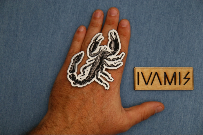 Scorpion Patch shown on hand for size comparison