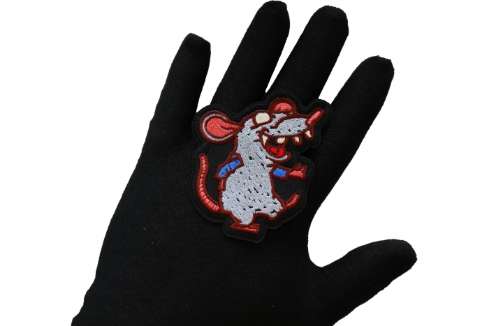 Sewer Rat Iron on Patch shown on hand for size comparison