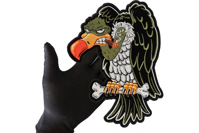 Vulture on Bones with Cigar Patch, Large Animal Patches for Jackets shown on hand for size comparison