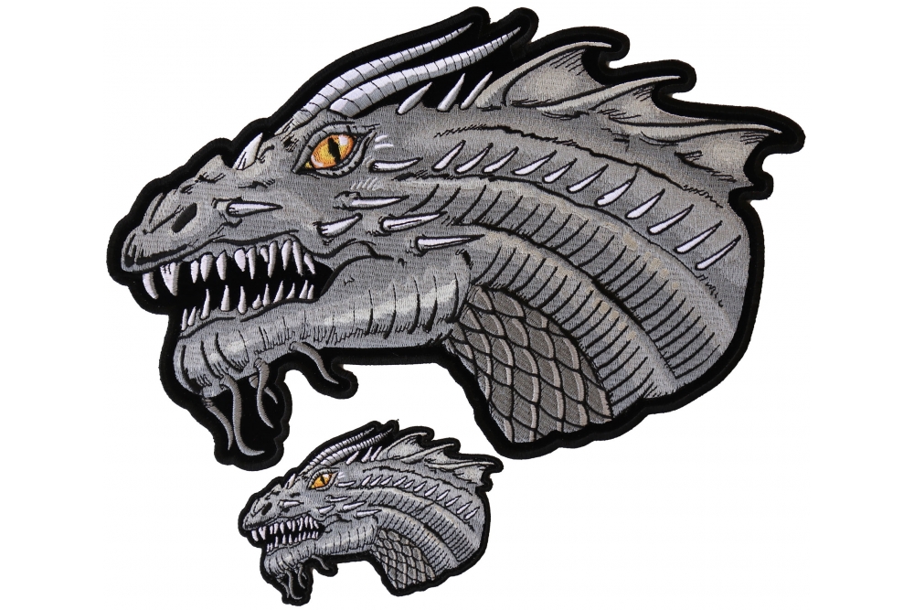Gray Dragon with Yellow Eyes Small and Large Iron on Patch Set