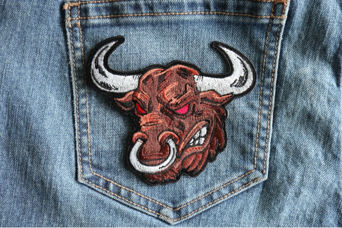 Angry Bull Iron on Patch shown on jeans
