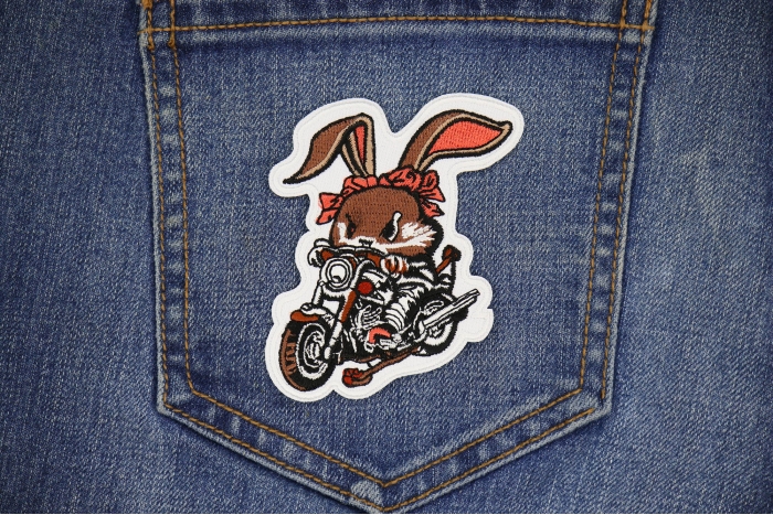 Cute Mean Rabbit on Motorcycle Patch shown on jeans