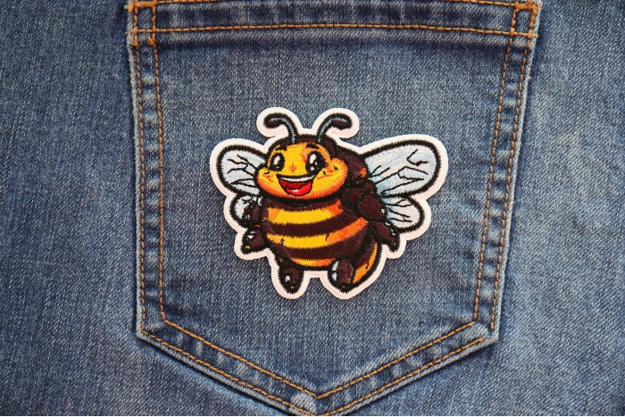 Fat Bumble Bee Patch shown on jeans