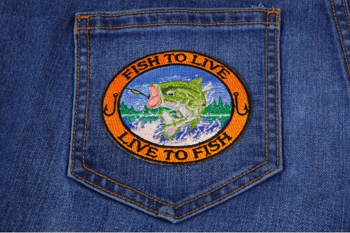 Fish To Live Bass Patch For Fishermen shown on jeans