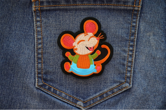 Happy Rat Iron on Patch shown on jeans