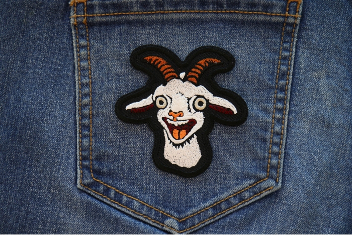 Hello Goat Iron on Patch shown on jeans