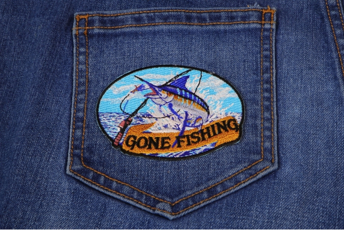 Marlin Gone Fishing Small Patch shown on jeans