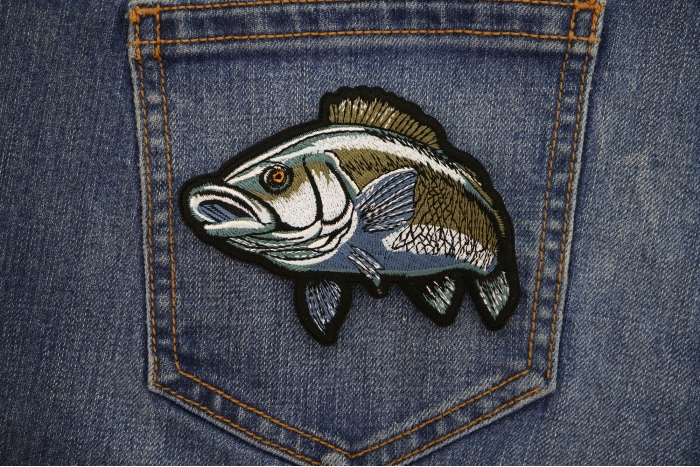 Sea Bass Fish Patch shown on jeans