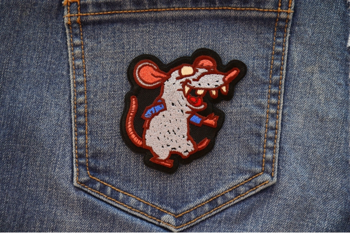 Sewer Rat Iron on Patch shown on jeans