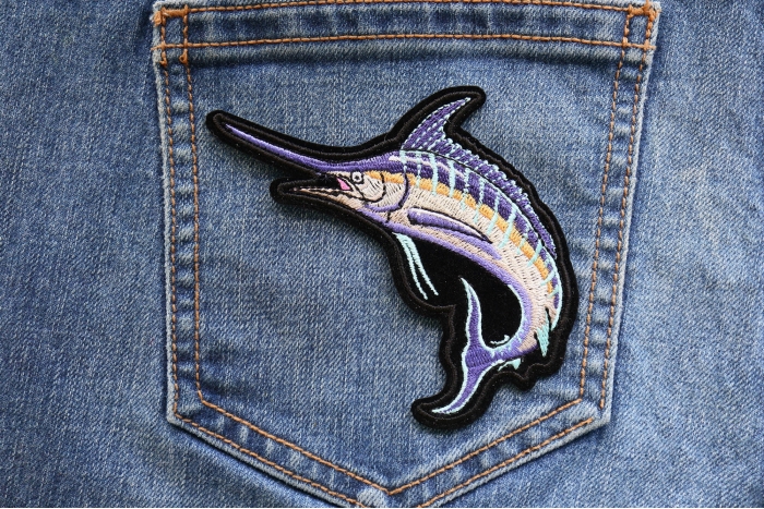 Swordfish Patch for Fishermen shown on jeans