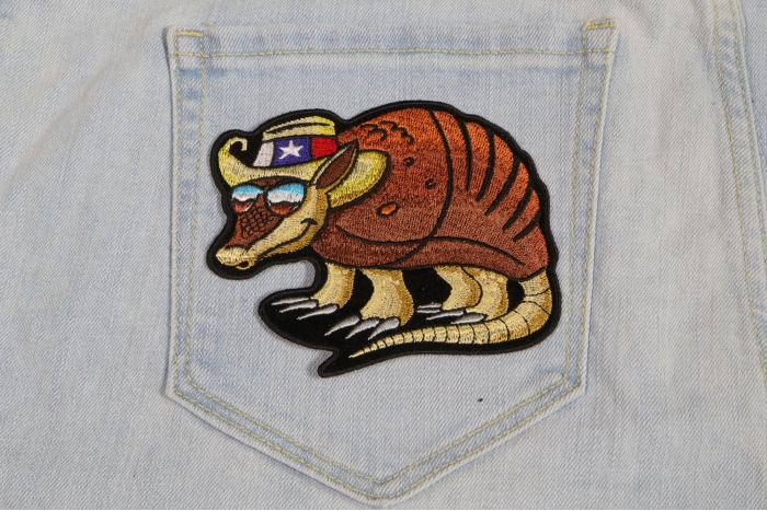 Texas Armadillo Patch For Texan Natives shown on jeans