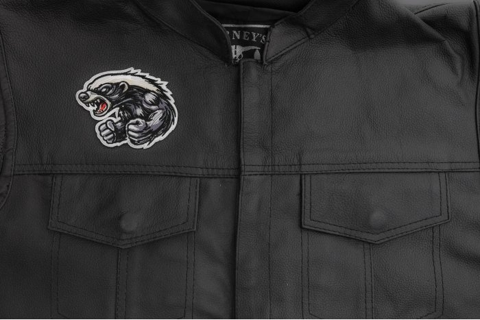 Angry Fighting Badger Patch shown on leather vest