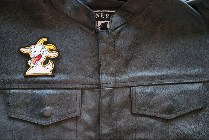 Awesome GOAT Iron on Patch shown on leather vest