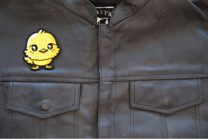 Baby Chick Patch shown on leather vest