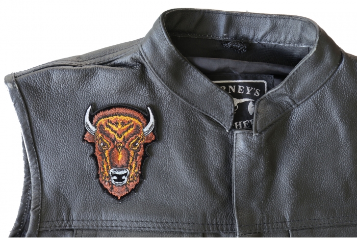 Buffalo Head Small Patch - 3x4 inch - Embroidered Iron on Patch shown on leather vest