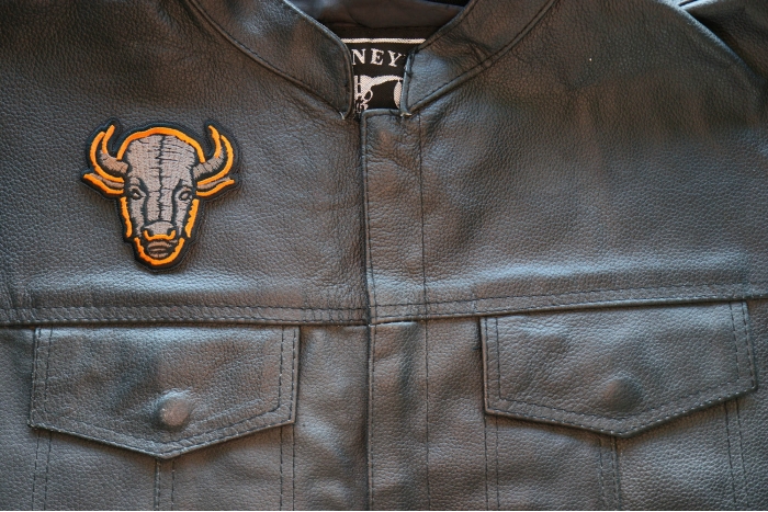 Buffalo Iron on Patch shown on leather vest