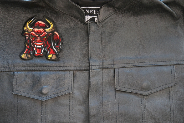 Bull Charging Patch shown on leather vest