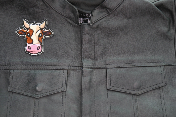 Cartoon Cow Patch shown on leather vest