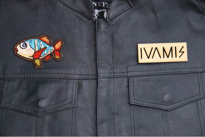 Cartoonish Fish Patch shown on leather vest