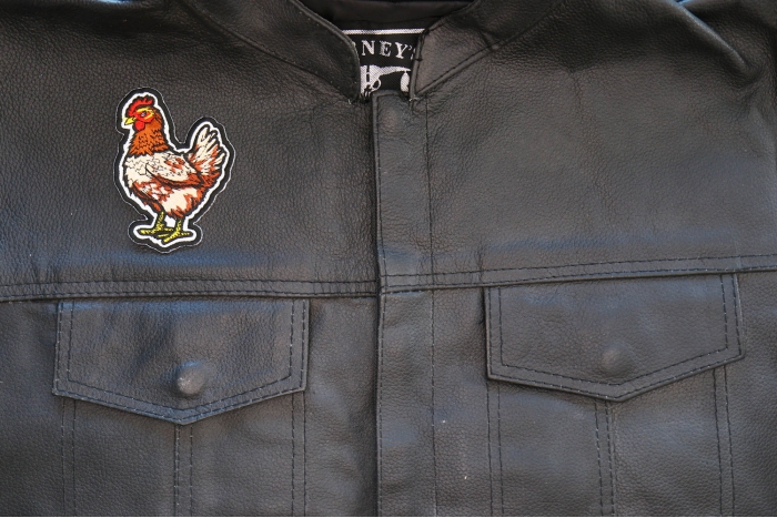 Chicken Patch shown on leather vest
