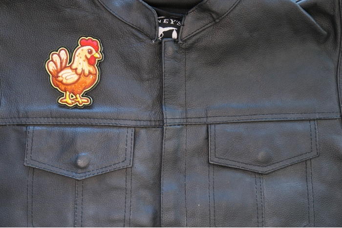 Chicken Patch shown on leather vest