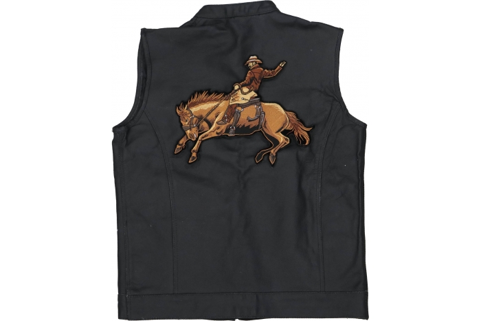 Cowboy on Horse Patch, Large Animal Patches for Jackets shown on leather vest