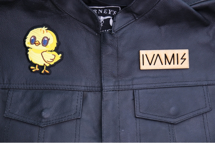 Cute Baby Chicken Patch shown on leather vest