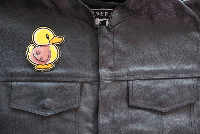 Cute Baby Duck Patch shown on leather vest