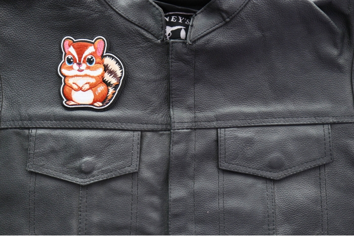 Cute Chipmunk Patch shown on leather vest