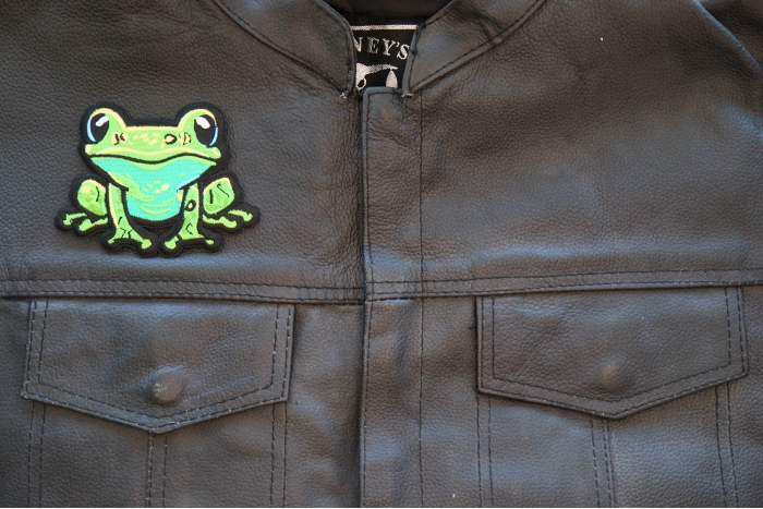 Cute Frog Patch shown on leather vest