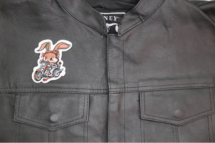 Cute Mean Rabbit on Motorcycle Patch, Biker Vest Patches, Sew or Iron on Patch shown on leather vest