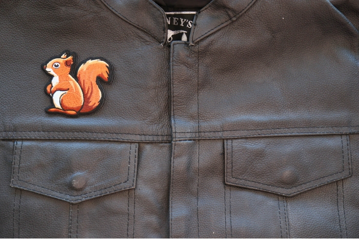Cute Squirrel Patch shown on leather vest