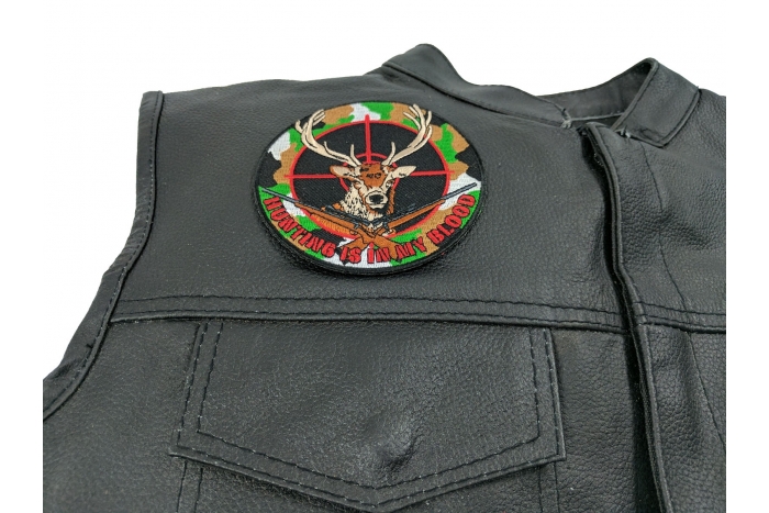 Deer Hunter Patch - 4x4 inch. Embroidered Iron on Patch shown on leather vest