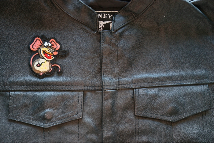 Dirty Rat Iron on Patch shown on leather vest