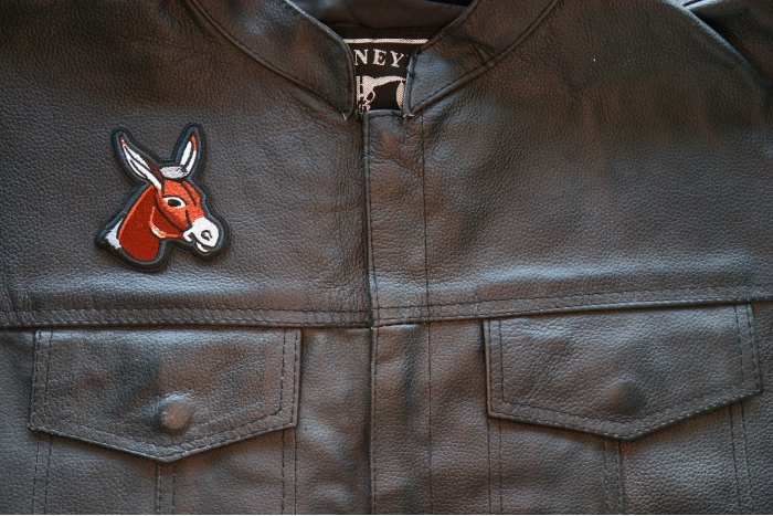 Donkey Iron on Patch shown on leather vest