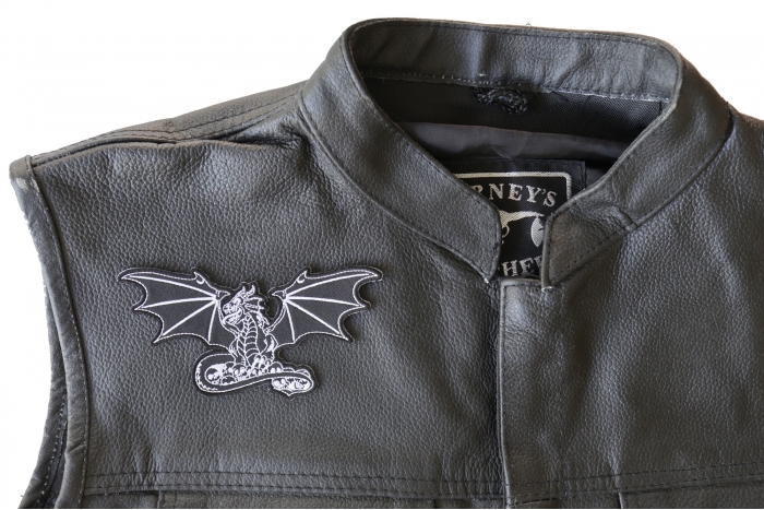 Dragon with Skulls Patch, Skull Patches shown on leather vest