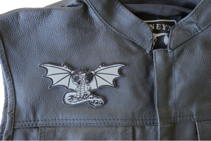 Dragon with Skulls Reflective Patch , Skull Patches shown on leather vest