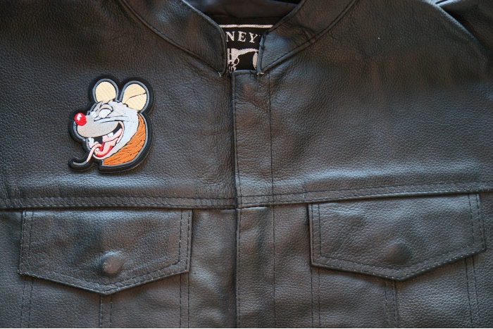 Drunk Rat Iron on Patch shown on leather vest