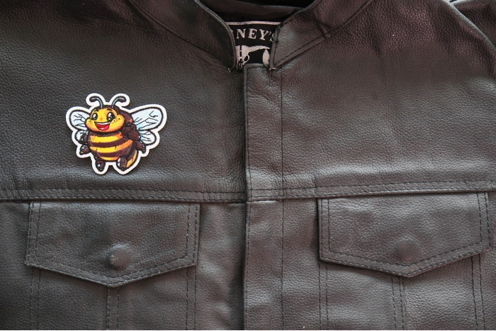 Fat Bumble Bee Patch shown on leather vest